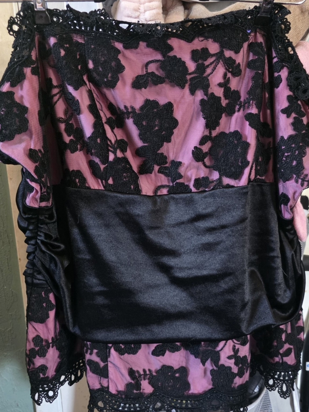 Lace Overlay Satin Waist Chemise - Black & Dusty Rose